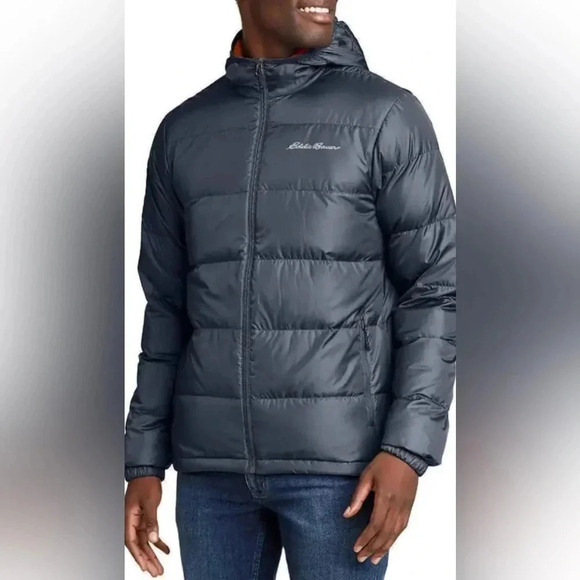 Eddie Bauer Men's Hooded Navy Blue Down Feather Puffer Coat Jacket Size Large - Picture 1 of 6